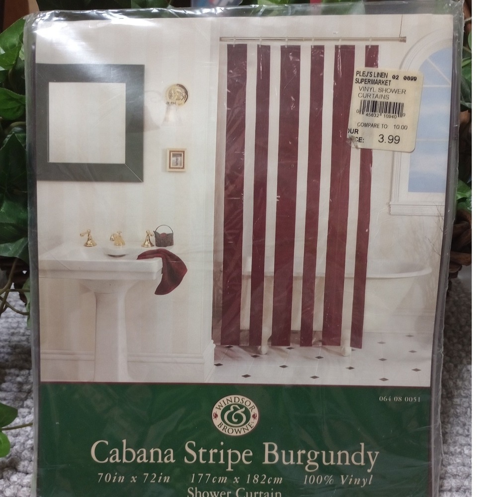 Windsor & Browne Cabana Stripe Burgundy Vinyl Shower Curtain 70x72 New